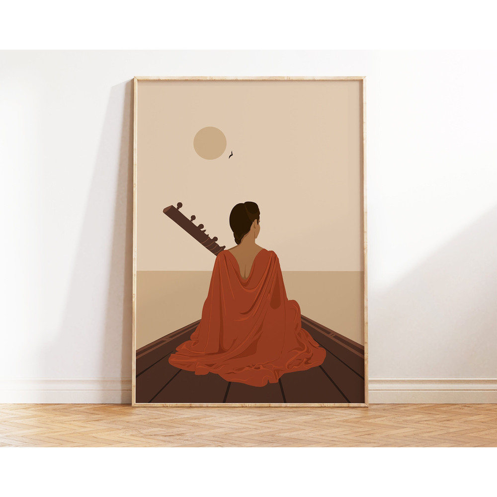 Indian Woman playing Sitar Art, Desi Art, Indian Art, South Asian Woman Prints, Tamil Girl, Indian Musical Instrument Art, Gift for Musician-1.jpg