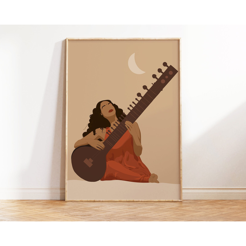 Indian Woman playing Sitar Art, Desi Art, Indian Art, South Asian Woman Prints, Tamil Girl, Indian Musical Instrument Art, Gift for Musician.jpg