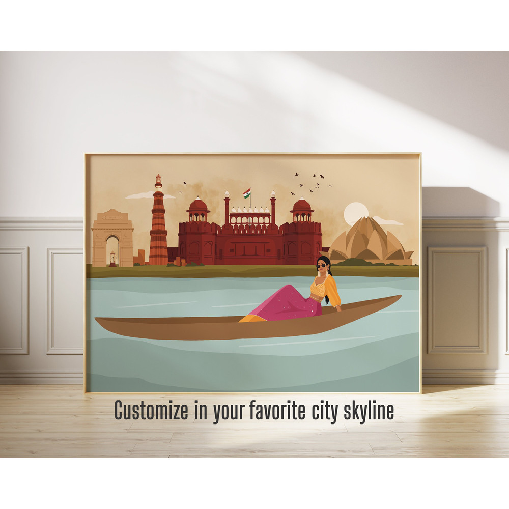 Indian Woman Wall Art - Customise your City Skyline, Desi Art, Modern Indian Art, South Asian Print, Brown Girl, Retro, American Indian Art.jpg