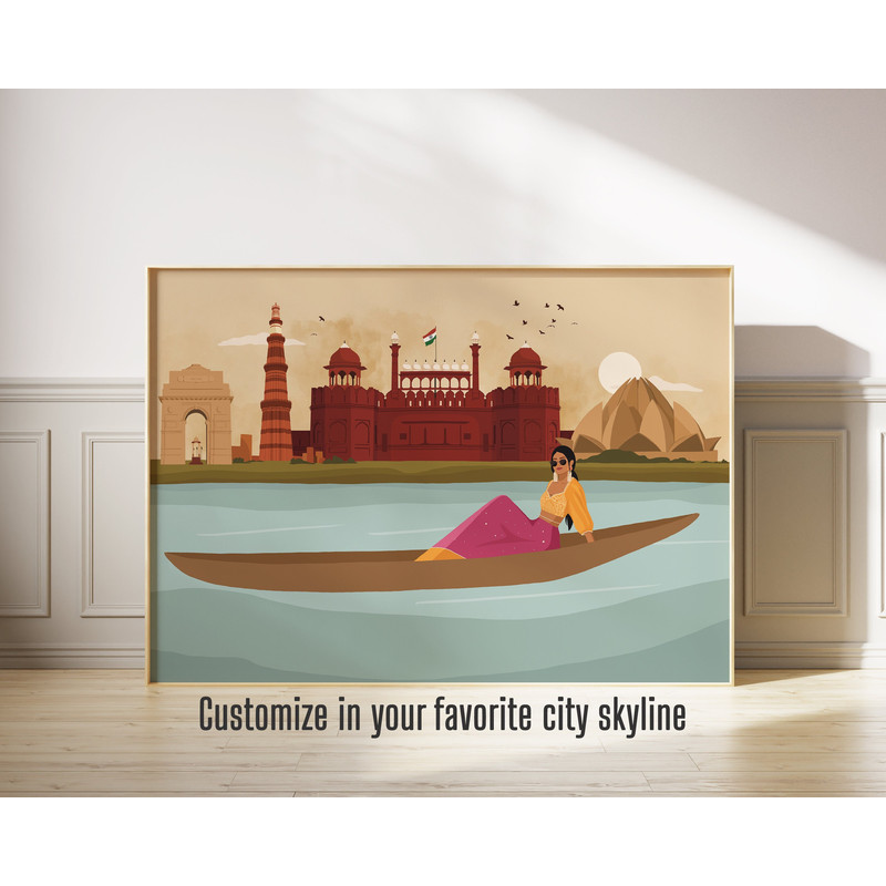 Indian Woman Wall Art - Customise your City Skyline, Desi Art, Modern Indian Art, South Asian Print, Brown Girl, Retro, American Indian Art.jpg