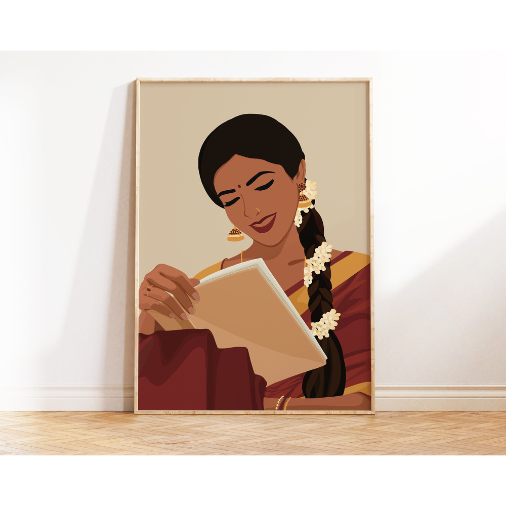 Indian Women In Saree Reading Book Art, Boho Art, Desi Art, Indian Book Lovers Wall Art, South Asian Art, Indian Art, Tamil Girl, Brown Girl-1.jpg