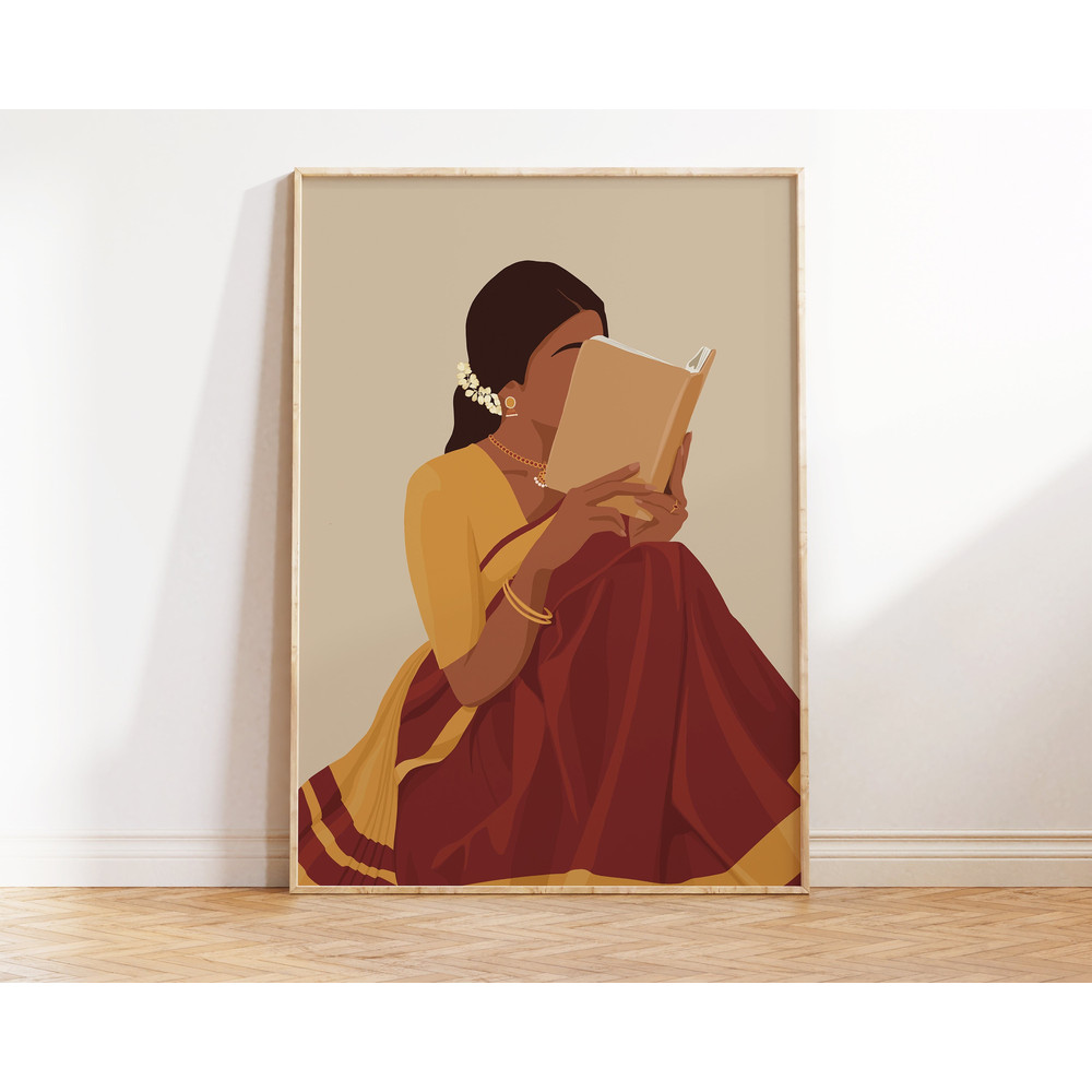 Indian Women In Saree Reading Book Art, Boho Art, Desi Art, Indian Book Lovers Wall Art, South Asian Art, Indian Art, Tamil Girl, Brown Girl-2.jpg