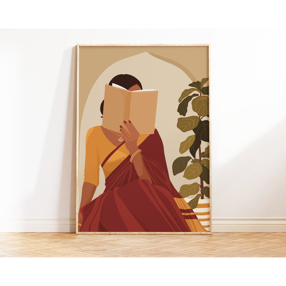 Indian Women In Saree Reading Book Art, Desi Art, Book Lovers Art, South Asian Art, Indian Art, Tamil Girl, Brown Girl, Boho Art, Telugu Art.jpg