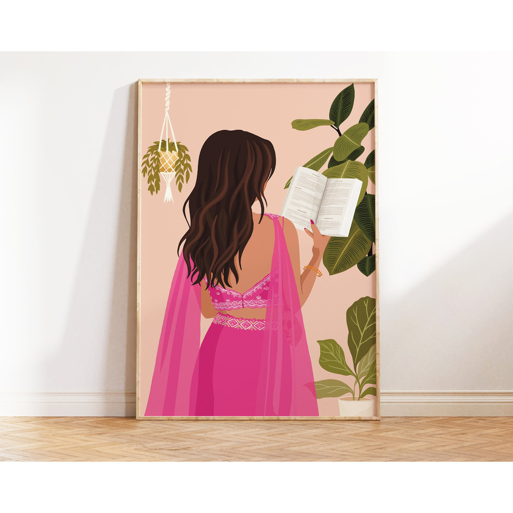 Indian Women In Saree Reading Book Art, Indian Wall Art, Desi Art, South Asian Art, Tamil Girl, Brown Girl, Plant Mom Print, Book Lovers Art.jpg