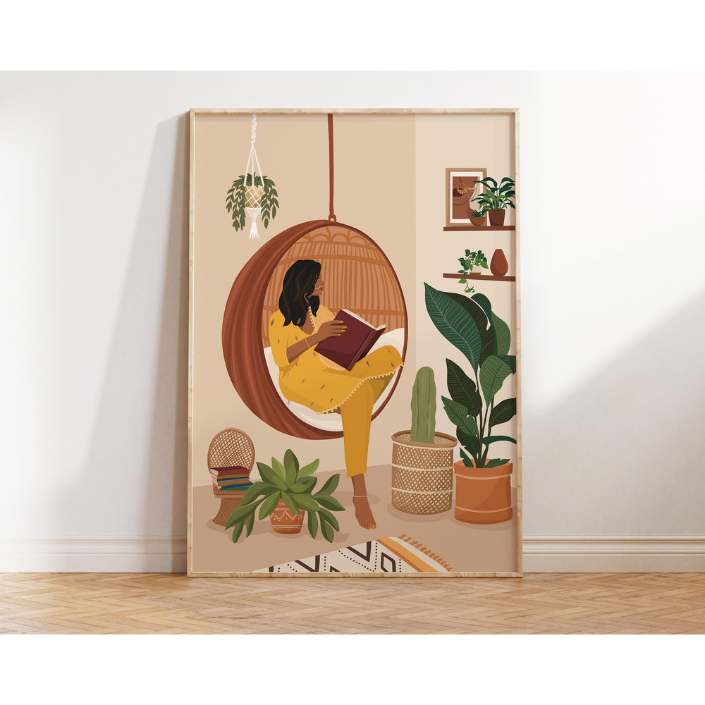 Indian Women In Suit Reading Book Art, Boho Art, Desi Art, Indian Book Lovers Wall Art, South Asian Art, Indian Art, Tamil Girl, Brown Girl.jpg