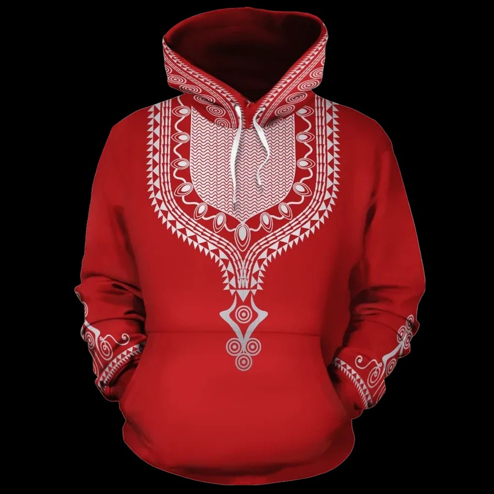Dashiki Color Red Fleece All-over Hoodie, African Hoodie For Men Women