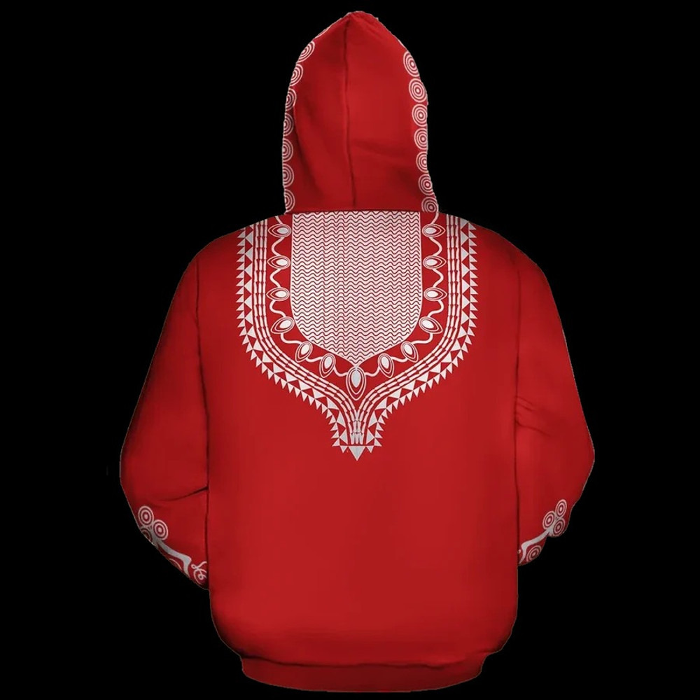 Dashiki Color Red Fleece All-over Hoodie, African Hoodie For Men Women