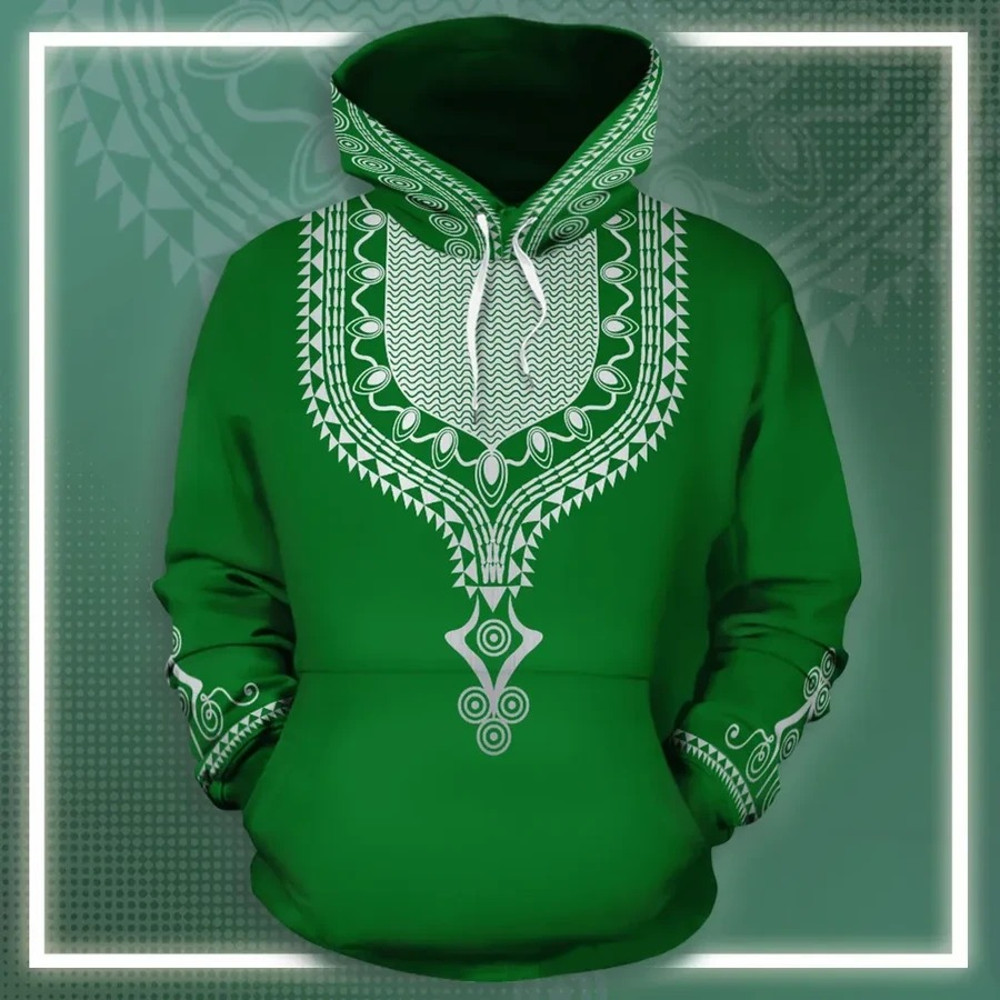 Dashiki Color Green Fleece All-over Hoodie, African Hoodie For Men Women