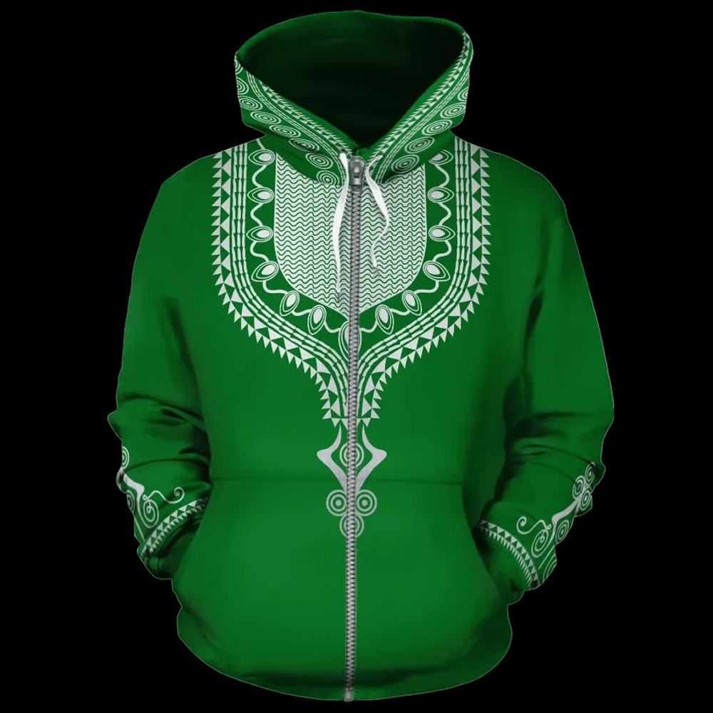 Dashiki Color Green Fleece All-over Hoodie, African Hoodie For Men Women