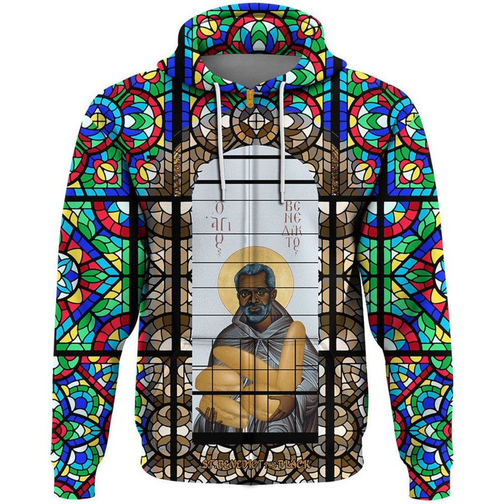 Saint Benedict of the African On Stained Glass Zip Hoodie, African Hoodie For Men Women