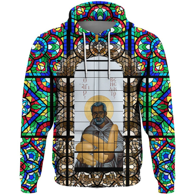 Saint Benedict of the African On Stained Glass Zip Hoodie, African Hoodie For Men Women