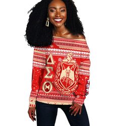 (Custom) Delta Sigma Theta African Pattern Christmas Off Shoulder Sweaters, African Women Off Shoulder For Women