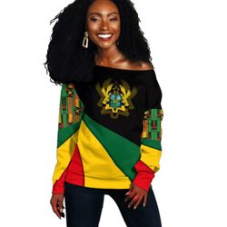 Ghana Flag Kente Women's Off Shoulder Sweater - Bend Style, African Women Off Shoulder For Women
