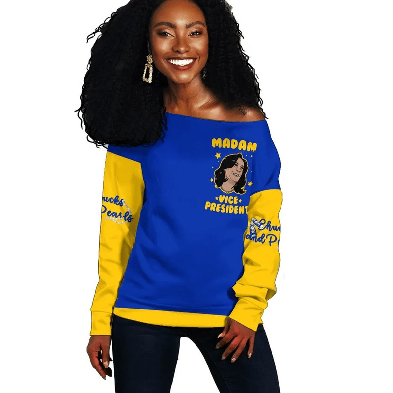Madam Vice President Blue Yellow Off Shoulder Sweatshirt, African Women Off Shoulder For Women