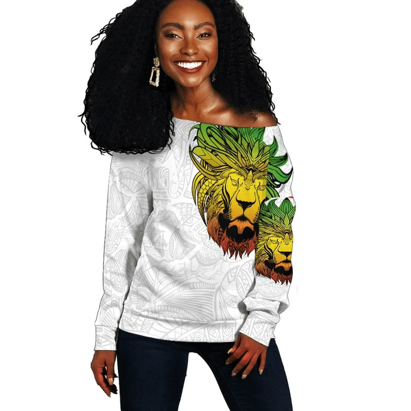 Ethiopia Lion Pattern Africa White Women's Off Shoulder, African Women Off Shoulder For Women