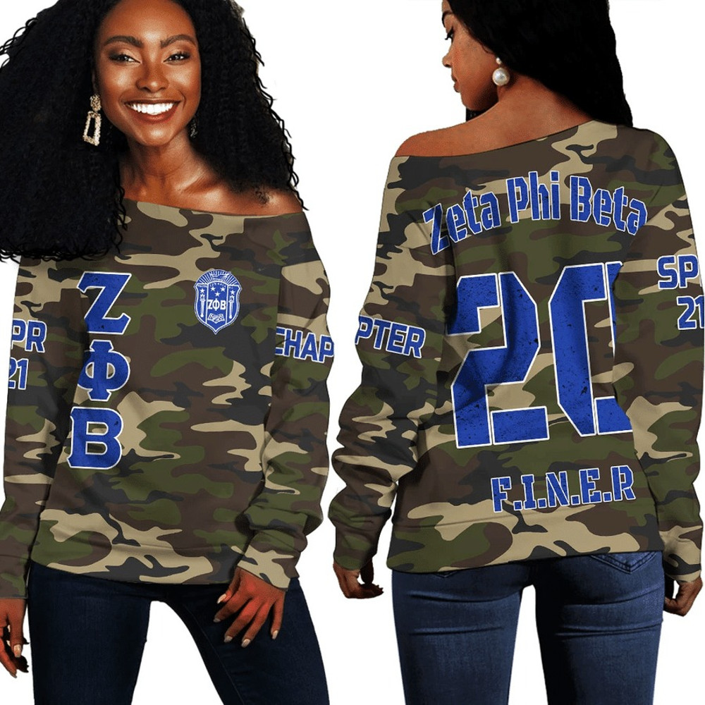 Zeta Phi Beta Camouflage Off Shoulder Sweaters, African Women Off Shoulder For Women