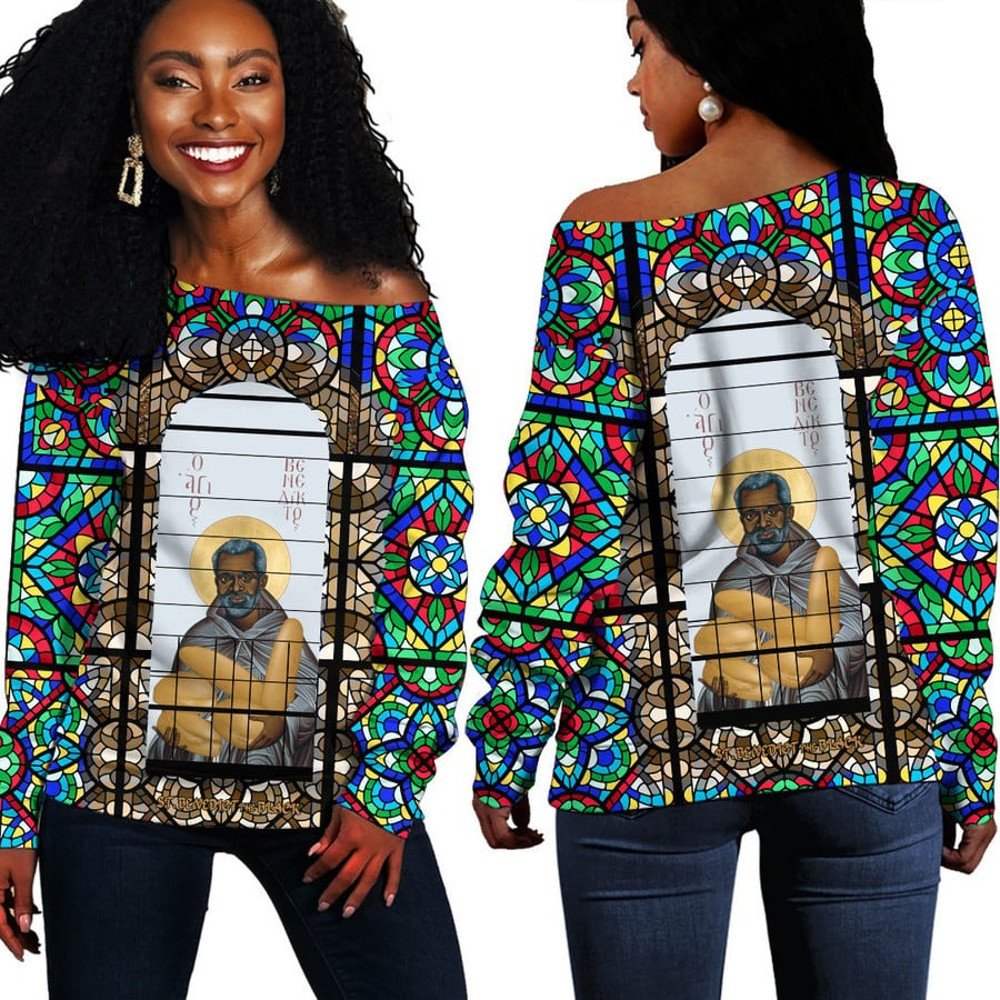 Saint Benedict of the African On Stained Glass Women's Off Shoulder Sweater, African Women Off Shoulder For Women
