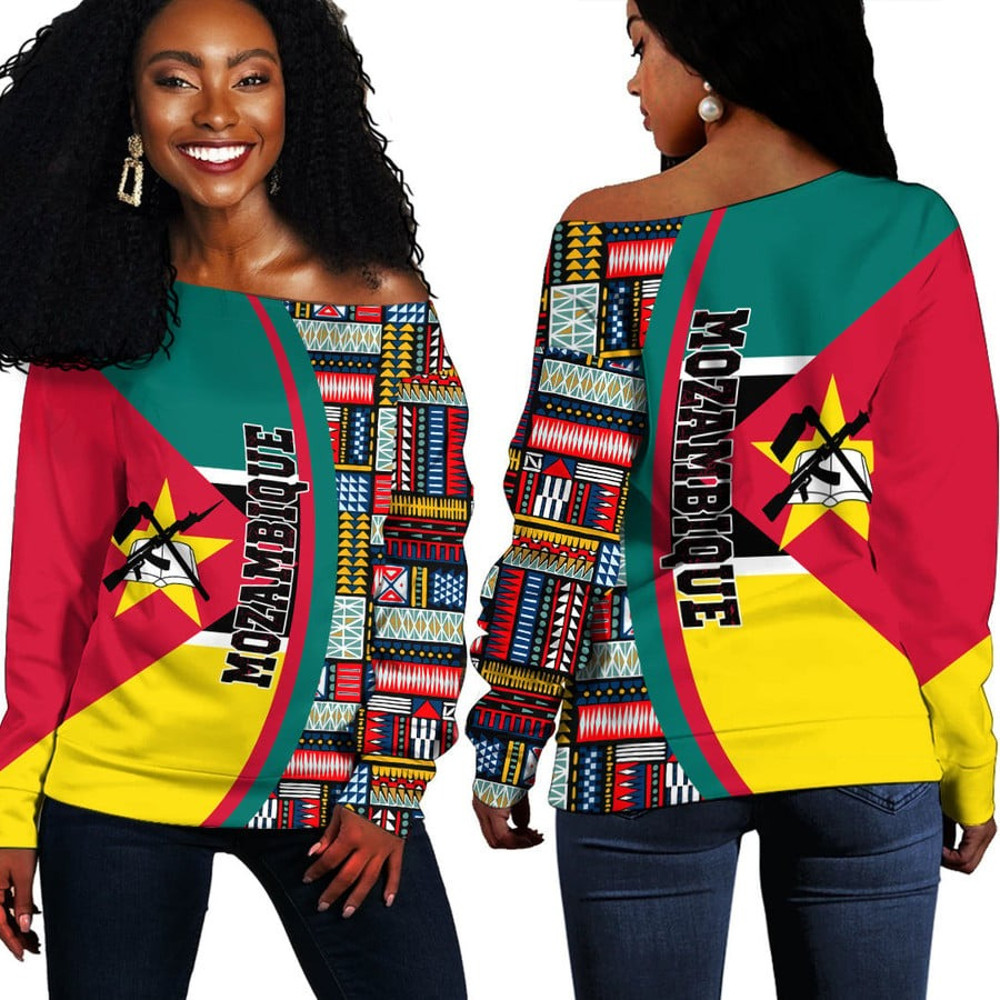 Mozambique Flag and Kente Pattern Special Women's Off Shoulder Sweaters, African Women Off Shoulder For Women