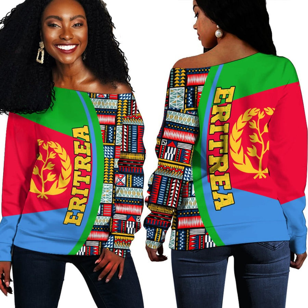 Eritrea Flag and Kente Pattern Special Women's Off Shoulder Sweaters, African Women Off Shoulder For Women