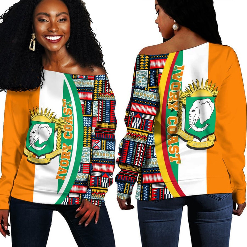 Ivory Coast Flag and Kente Pattern Special Women's Off Shoulder Sweaters, African Women Off Shoulder For Women