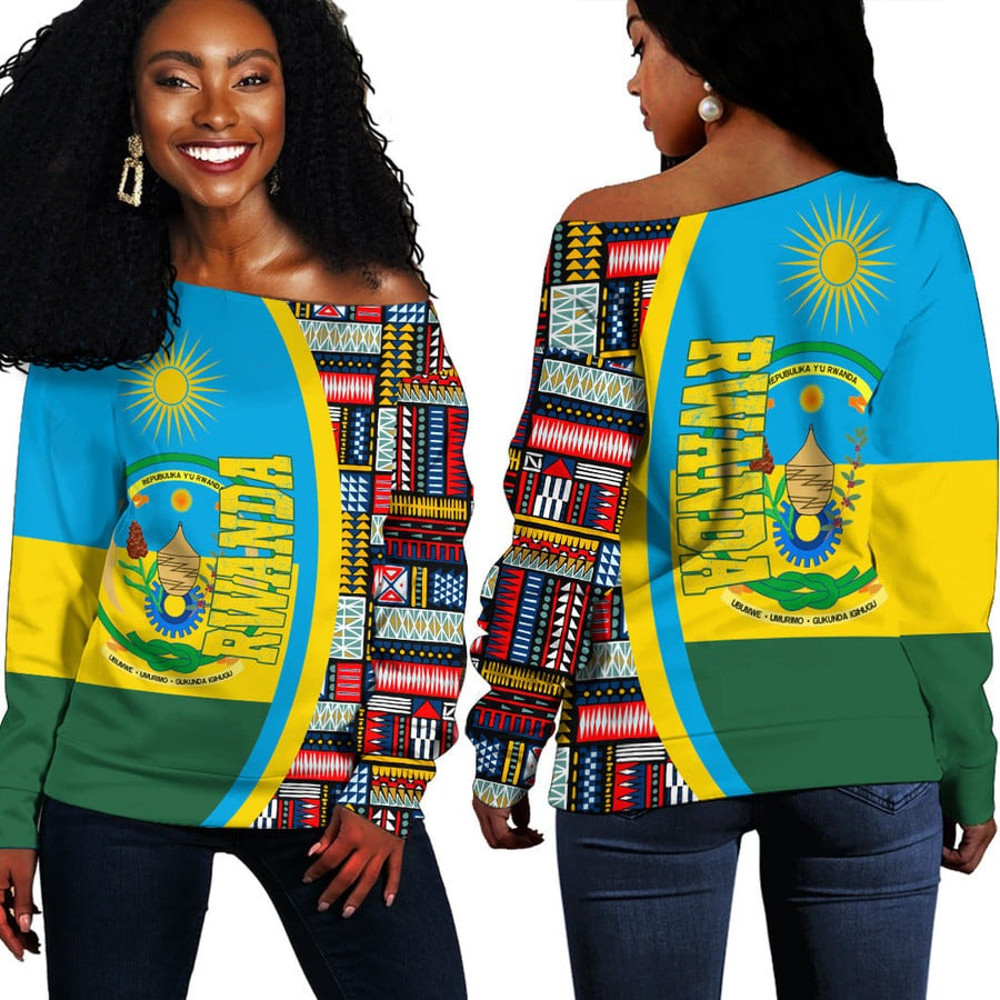 Rwanda Flag and Kente Pattern Special Women's Off Shoulder Sweaters, African Women Off Shoulder For Women