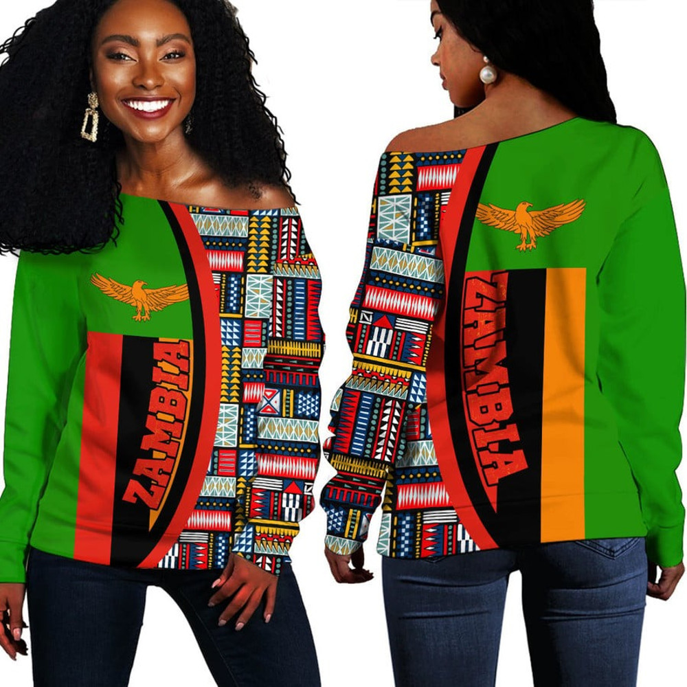 Zambia Flag and Kente Pattern Special Women's Off Shoulder Sweaters, African Women Off Shoulder For Women