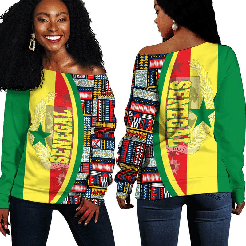 Senegal Flag and Kente Pattern Special Women's Off Shoulder Sweaters, African Women Off Shoulder For Women