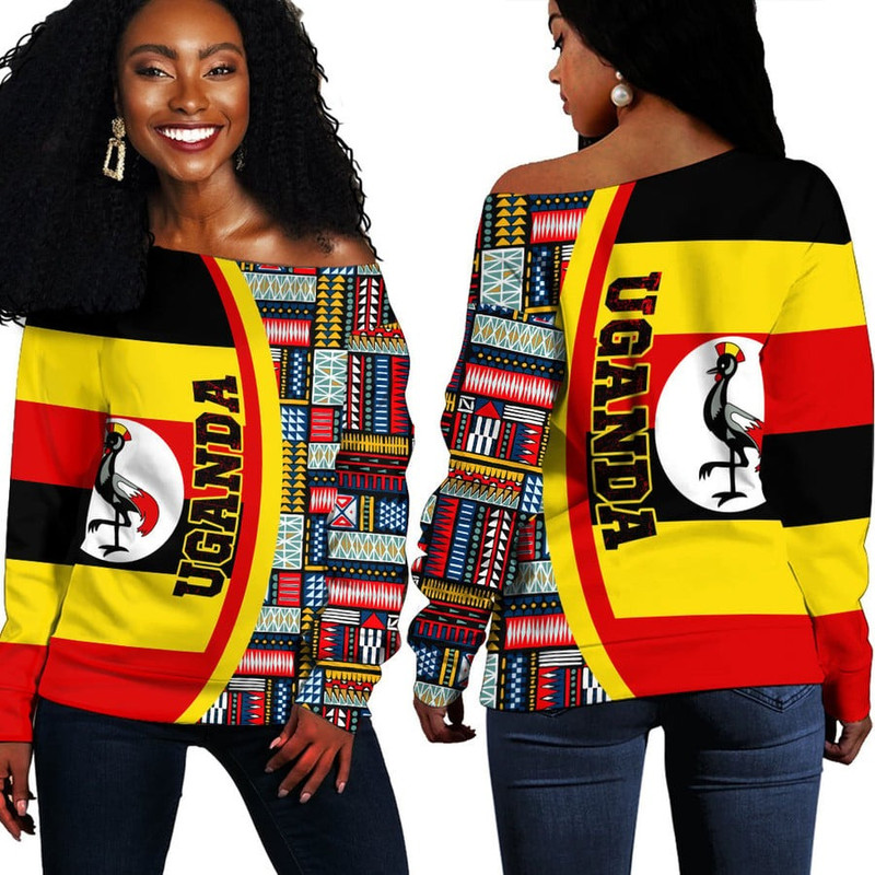 Uganda Flag and Kente Pattern Special Women's Off Shoulder Sweaters, African Women Off Shoulder For Women