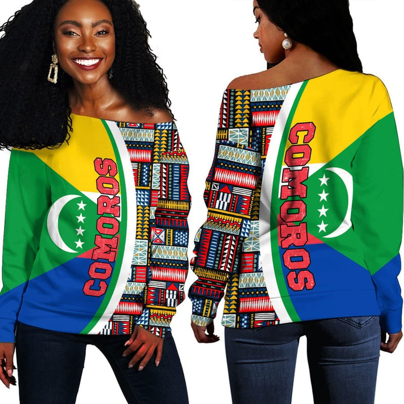 Comoros Flag and Kente Pattern Special Women's Off Shoulder Sweaters, African Women Off Shoulder For Women