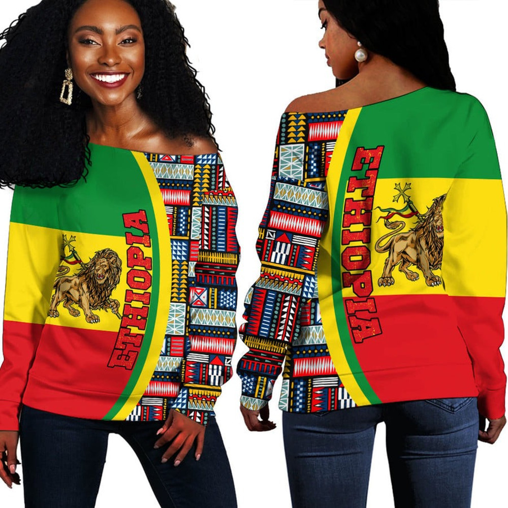 Ethiopia Flag and Kente Pattern Special Women's Off Shoulder Sweaters, African Women Off Shoulder For Women