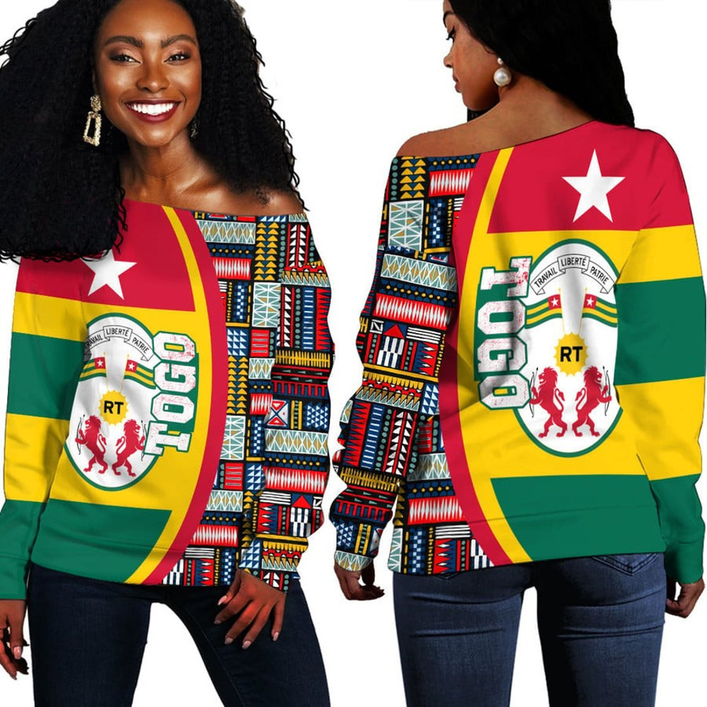 Togo Flag and Kente Pattern Special Women's Off Shoulder Sweaters, African Women Off Shoulder For Women