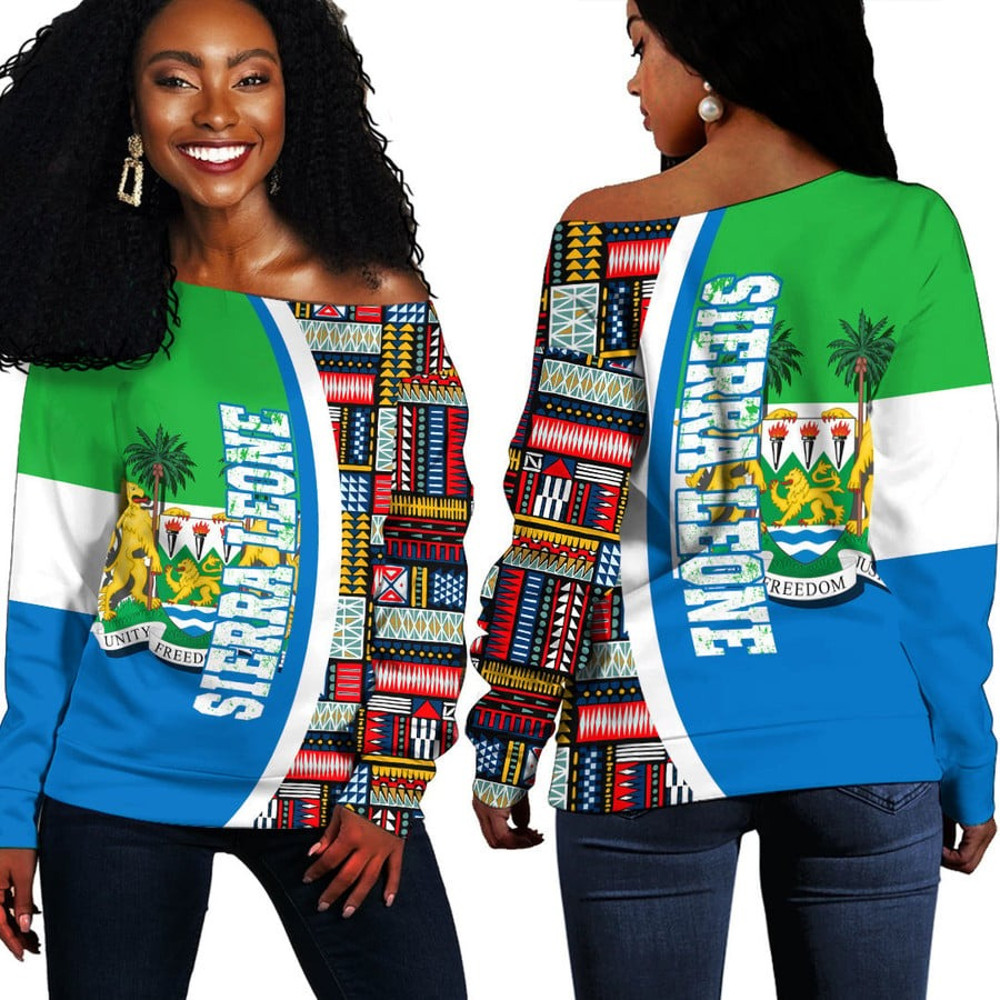 Sierra Leone Flag and Kente Pattern Special Women's Off Shoulder Sweaters, African Women Off Shoulder For Women