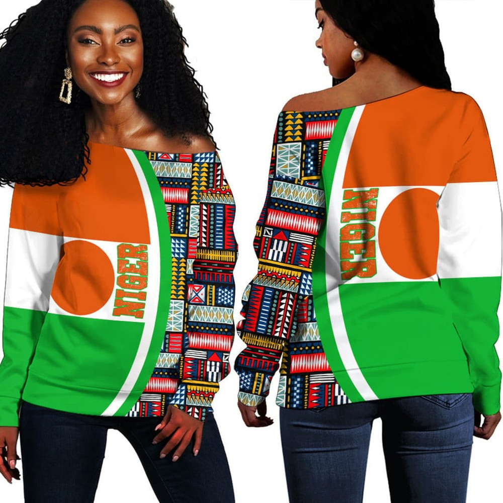 Niger Flag and Kente Pattern Special Women's Off Shoulder Sweaters, African Women Off Shoulder For Women