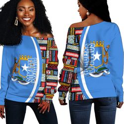 Somalia Flag and Kente Pattern Special Women's Off Shoulder Sweaters, African Women Off Shoulder For Women