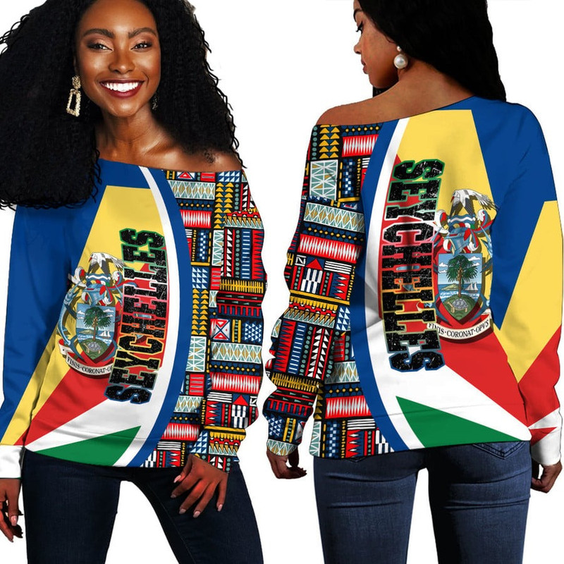 Seychehlles Flag and Kente Pattern Special Women's Off Shoulder Sweaters, African Women Off Shoulder For Women