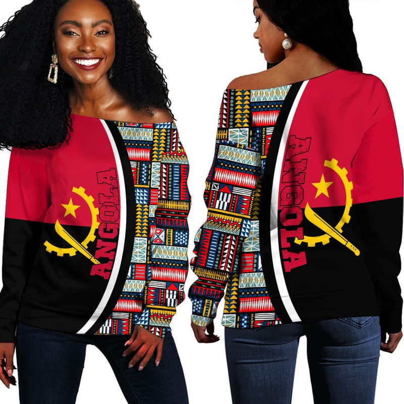 Angola Flag and Kente Pattern Special Women's Off Shoulder Sweaters, African Women Off Shoulder For Women