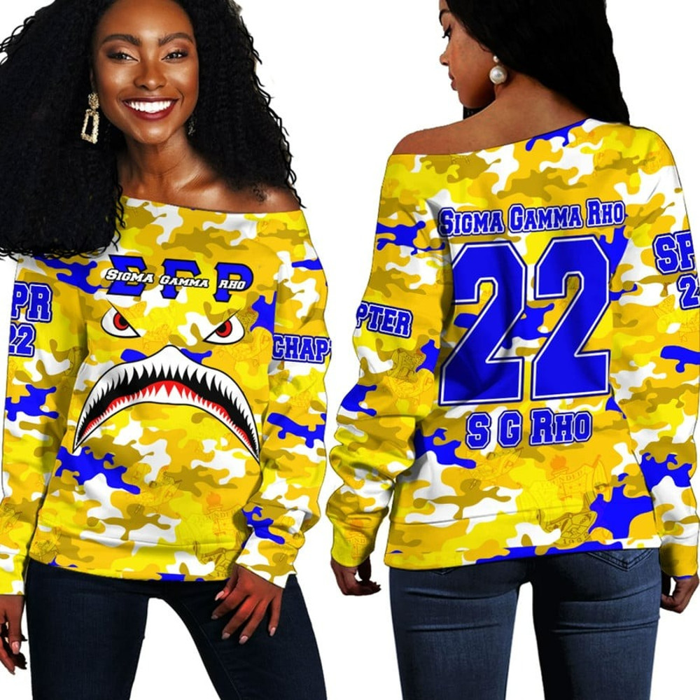 Sigma Gamma Rho Full Camo Shark Off Shoulder Sweaters, African Women Off Shoulder For Women