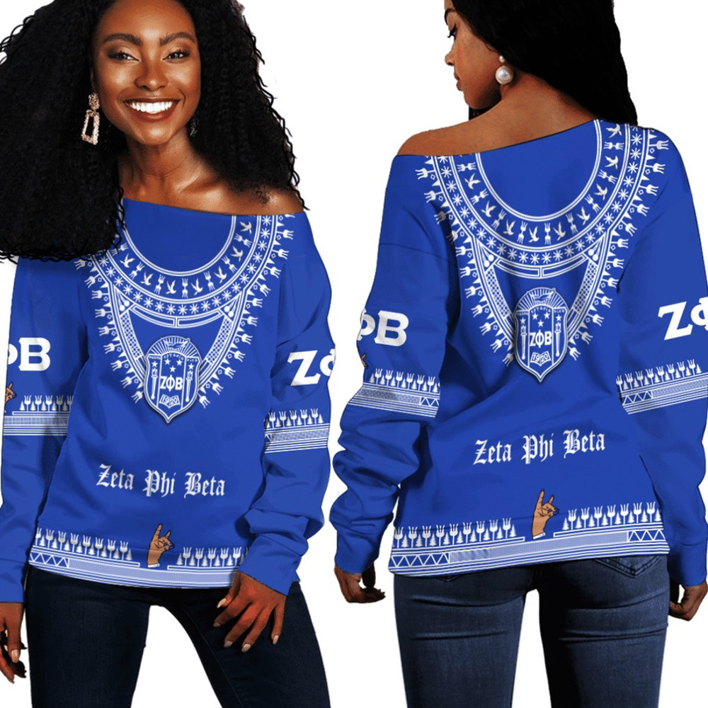 Zeta Phi Beta Sorority Dashiki Off Shoulder Sweaters, African Women Off Shoulder For Women