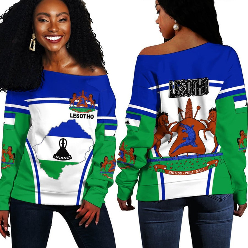 Lesotho Active Flag Off Shoulder Sweater, African Women Off Shoulder For Women