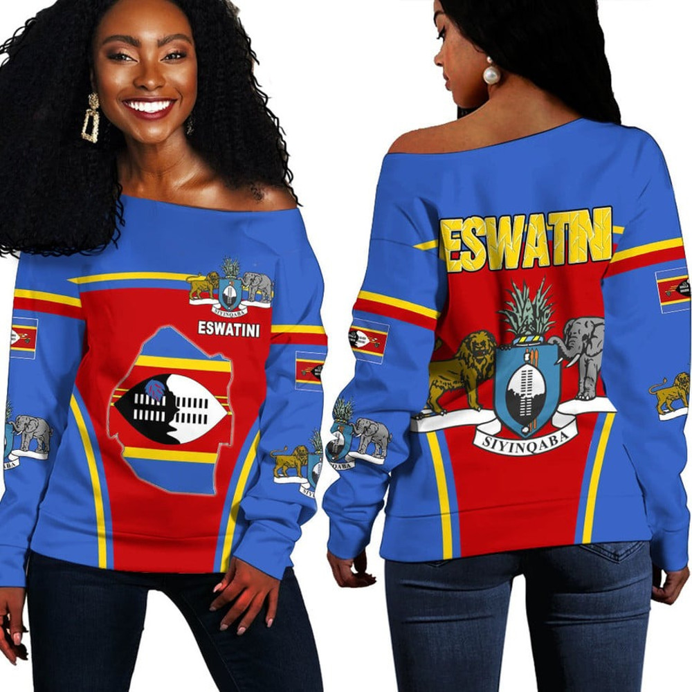 Eswatini Active Flag Off Shoulder Sweater, African Women Off Shoulder For Women