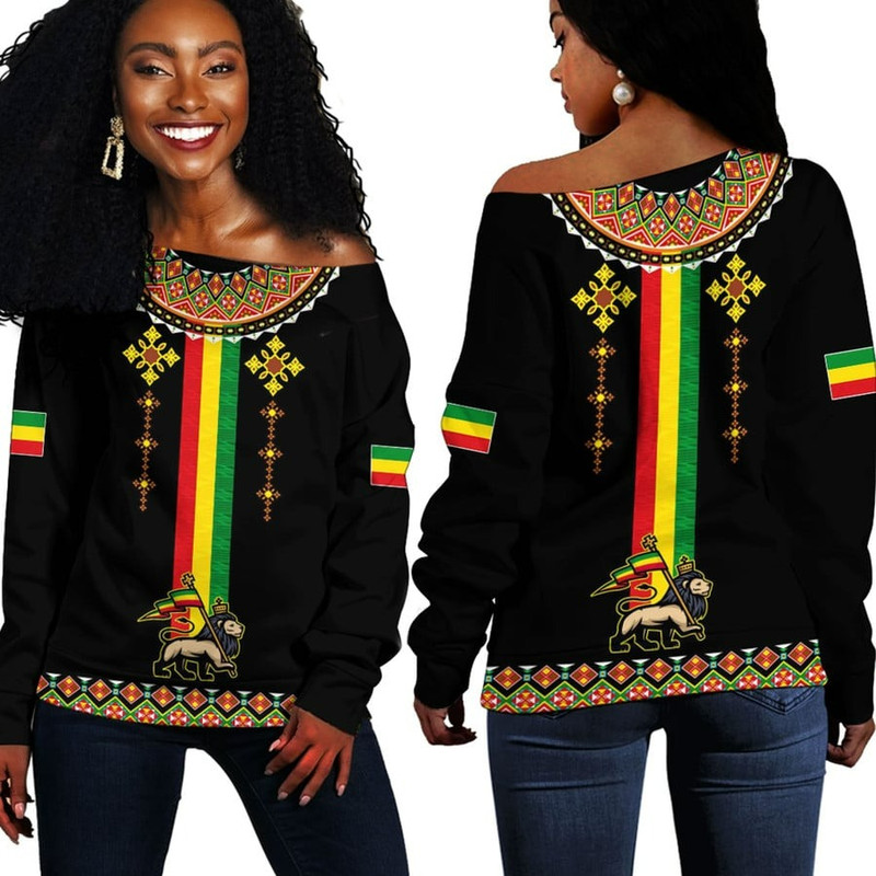 Ethiopia Lion Style Pattern Off Shoulder Sweaters, African Women Off Shoulder For Women