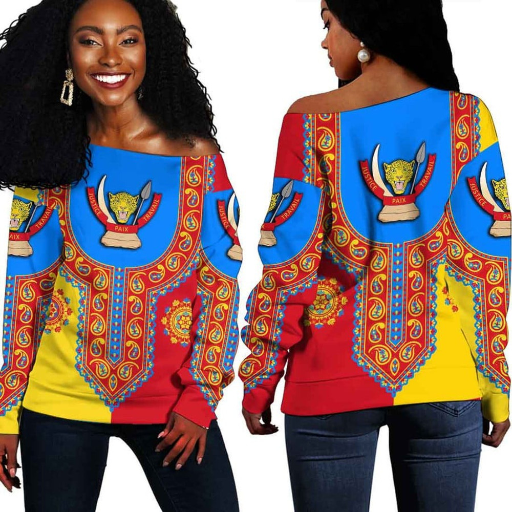 Democratic Republic Of The Congo Dashiki Off Shoulder Sweater, African Women Off Shoulder For Women