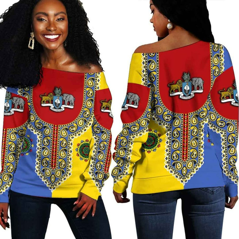 Eswatini Dashiki Off Shoulder Sweater, African Women Off Shoulder For Women