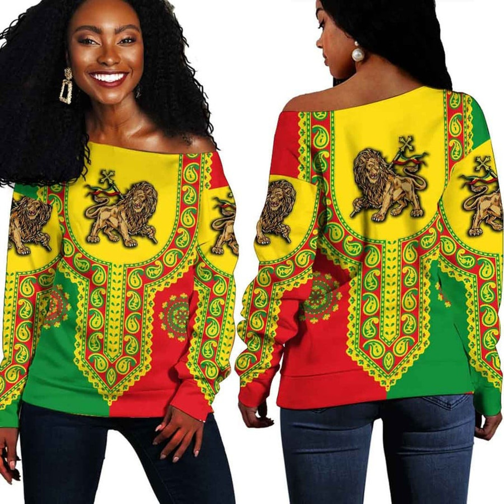 Ethiopia Lion Dashiki Off Shoulder Sweater, African Women Off Shoulder For Women