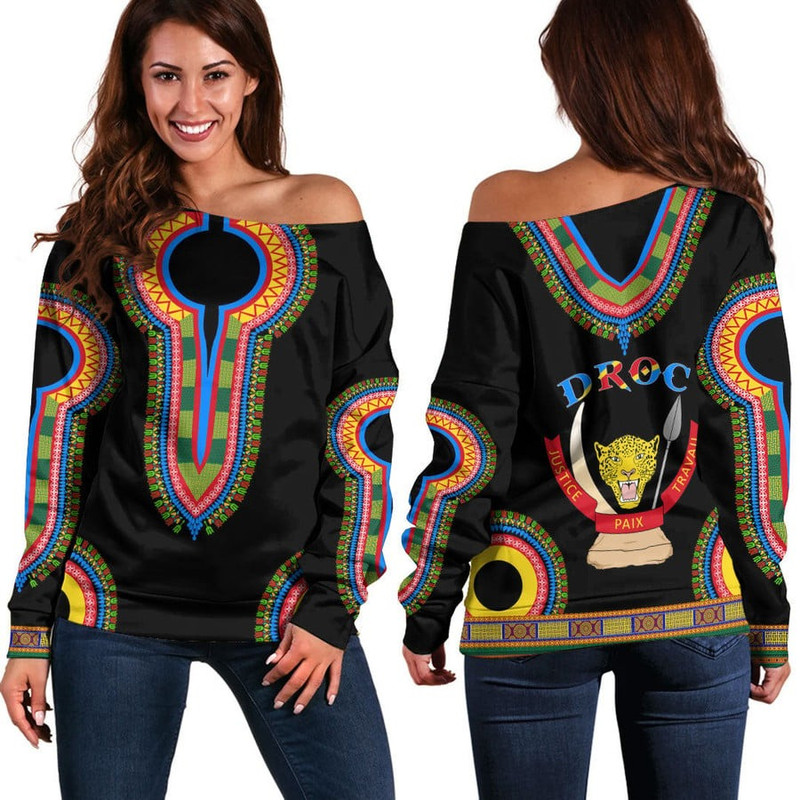Democratic Republic Of The Congo Dashiki Off Shoulder Sweaters, African Women Off Shoulder For Women