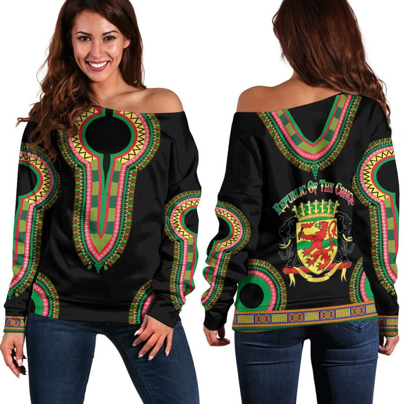 Republic Of The Congo Dashiki Off Shoulder Sweaters, African Women Off Shoulder For Women