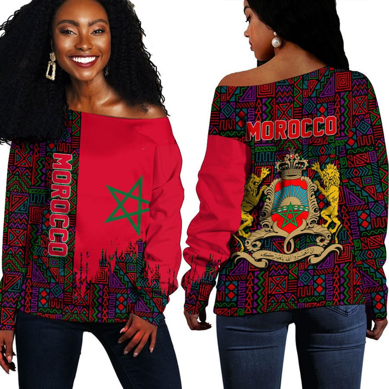 Morocco Kente Pattern Off Shoulder Sweater, African Women Off Shoulder For Women
