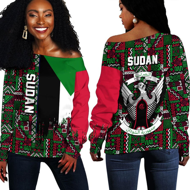 Sudan Kente Pattern Off Shoulder Sweater, African Women Off Shoulder For Women