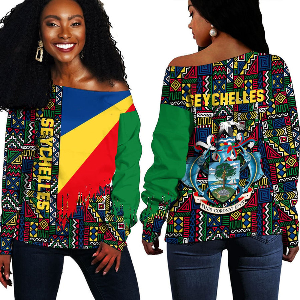 Seychelles Kente Pattern Off Shoulder Sweater, African Women Off Shoulder For Women