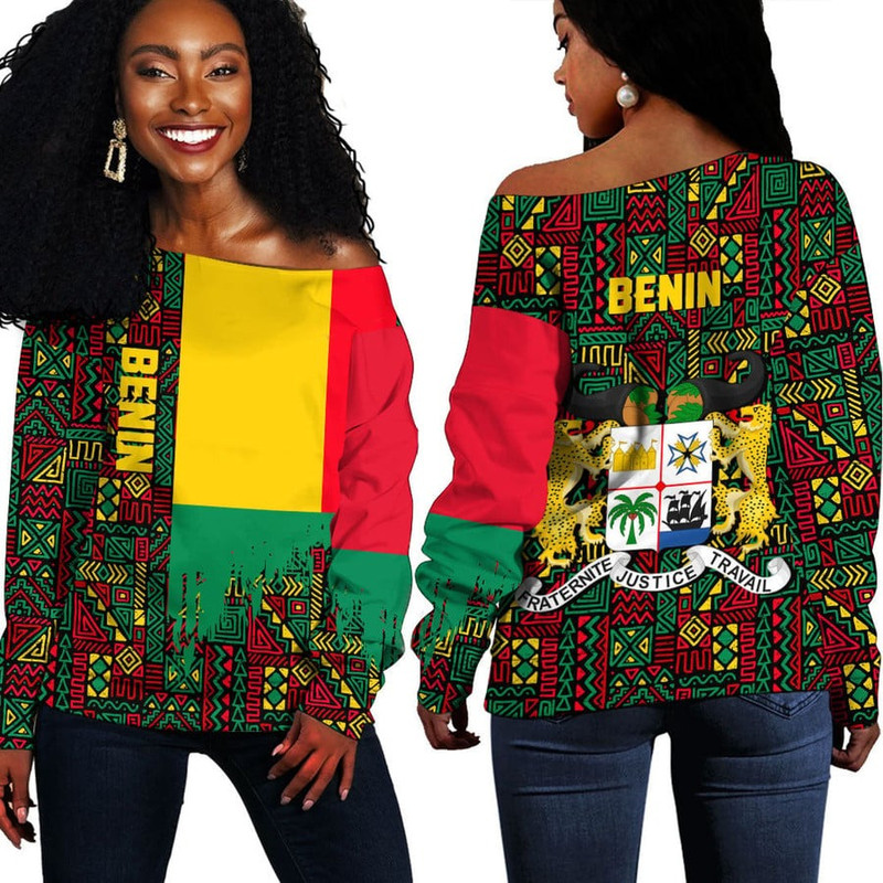 Benin Kente Pattern Off Shoulder Sweater, African Women Off Shoulder For Women